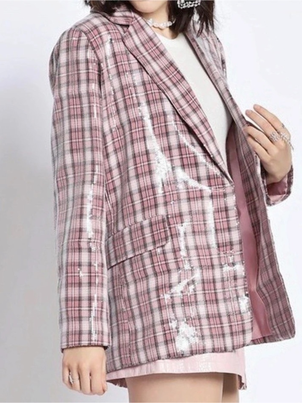 Sequins & Plaid Blazer in Pink & White